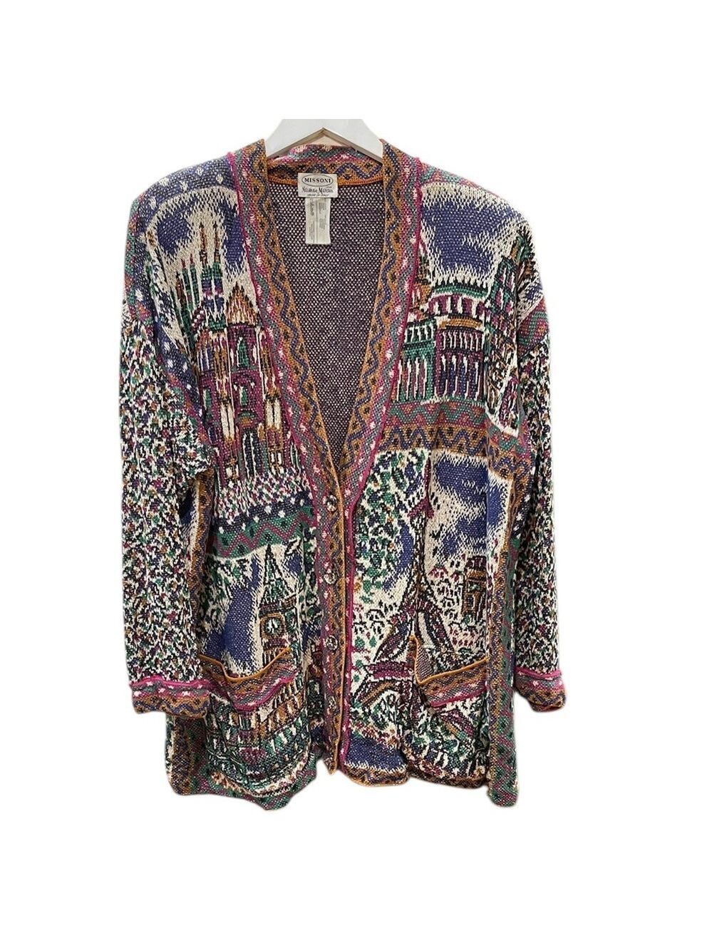 Vintage Missoni Colorful Scenic Architectural Print Cardigan Sweater SZ XL